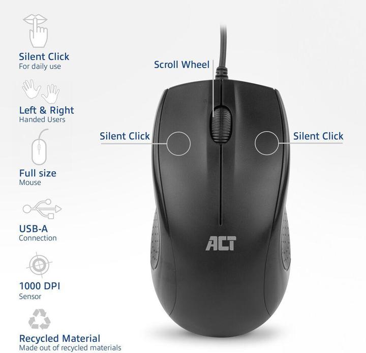 Image du produit Souris optique filaire pleine taille 1000 DPI, clic silencieux, écologique, fabriquée à partir de (Filaire)