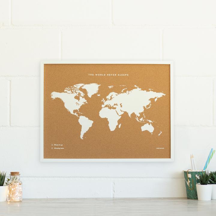 Woody Map Fluor Edition - L - Cornice bianca (Bacheca, Mappamondo, 60 x 45 cm)