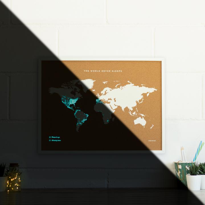 Actual product image Miss wood Woody Map Fluor Edition - L - White Frame (Bulletin board, World map, 60 x 45 cm)