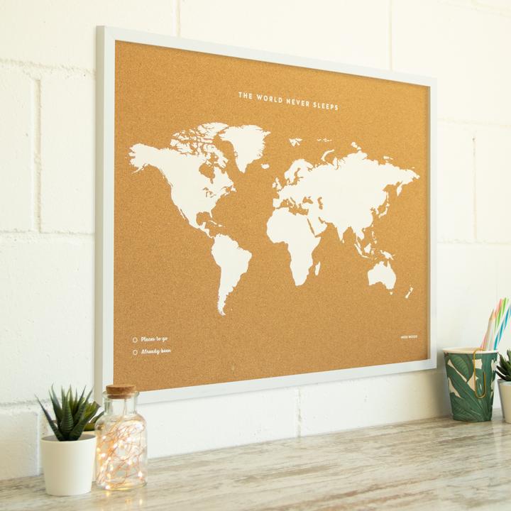 Actual product image Miss wood Woody Map Fluor Edition - L - White Frame (Bulletin board, World map, 60 x 45 cm)