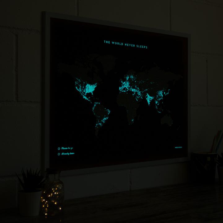 Actual product image Miss wood Woody Map Fluor Edition - L - White Frame (Bulletin board, World map, 60 x 45 cm)