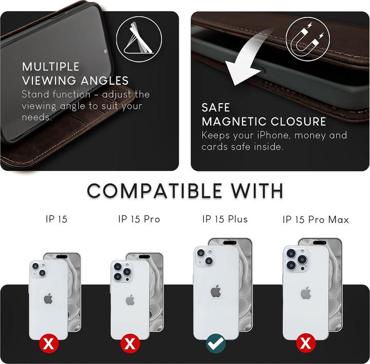 Produktbild Nalia Echt Leder Flip Case Hülle mit Magnetverschluss (Apple iPhone 15 Plus)