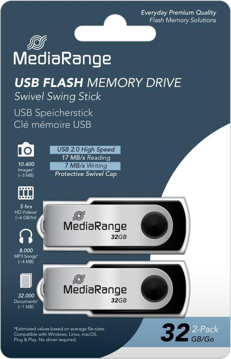Produktbild MediaRange ge USB Speicherstick, 32GB 32GB, 2er Pack (32 GB, USB-A, USB 2.0)