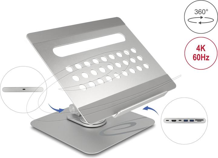 Image du produit Delock Support pour tablette et ordinateur portable avec station d'accueil 4K intégrée - HDMI / lecteur de (USB-C, 6 Ports)