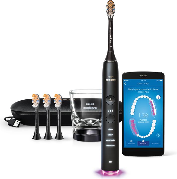 1x verre de chargement, 1x étui de chargement de voyage USB, 4x tête de brosse All-in-One Premium, 1x DiamondClean Smart Brosse à dents électrique