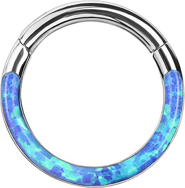 Star Piercing Micro Segmentring klappbar silber front Opal streifen blau (ohne Messing, Chirurgenstahl 316L)