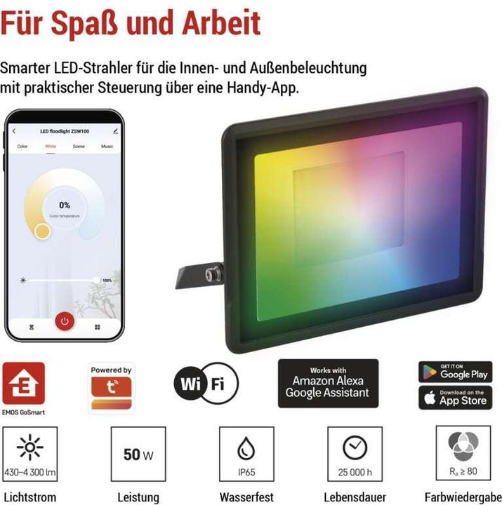 Image du produit Emos GOSMART LED Strahler 50W, 4300lm, RGB+CCT,IP65 (4300 lm)