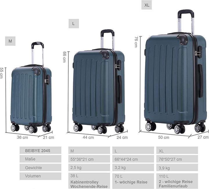 Actual product image Beibye Twin Wheels 3pcs Travel Case Dark Green (M (50 - 90l), L (90 - 115l), XL (from 140l))
