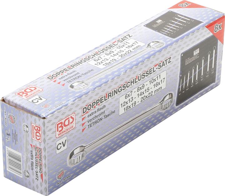 Immagine prodotto BGS Serie di chiavi a doppio anello extra piatte 6 - 22 mm 8 pz. (22 mm, 19 mm, 7 mm, 15 mm, 13 mm, 17 mm, 9 mm, 11 mm, 18 mm, 14 mm, 6 mm, 12 mm, 21 mm, 16 mm, 20 mm, 10 mm, 8 mm)