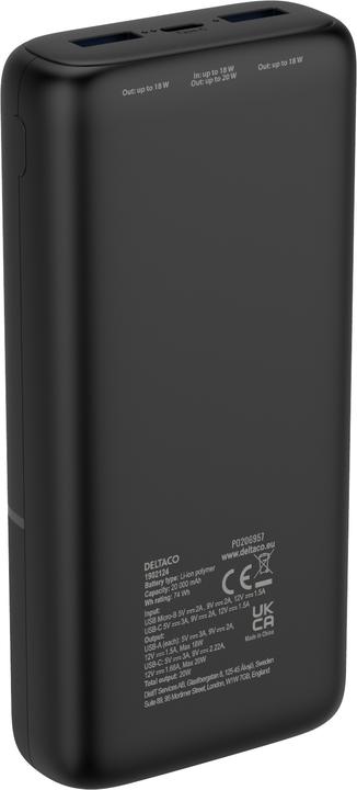 Produktbild Deltaco Powerbank with fast charging, 3 ports, 2x USB-A 18W, 1x USB-C PD 20W, 20,000 mAh black (20000 mAh, 20 W)