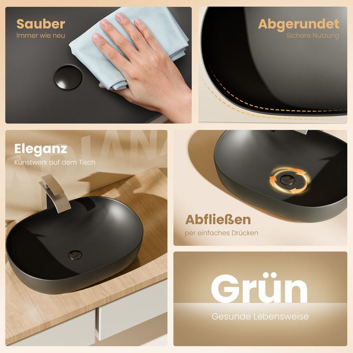 Actual product image Emke Countertop washbasin, 600 x 415 x 135 mm, ceramic, rounded rectangle, matt black (415 mm, 600 mm)