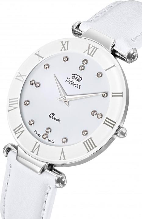 Image du produit Primex Montre Dame Swiss Made Bracelet Cuir Blanc Cadran Blanc Etanche 30 M Grande (Montre analogique, 40 mm)