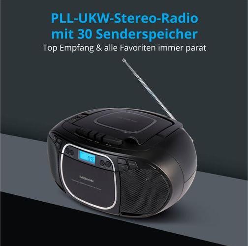 Image du produit Medion E66476 - Radio - Lecteur CD/MP3/cassettes - écran LCD - stéréo PLL-FM - USB - 2 x 20 W - Noir (VHF, AM, FM, PLL)