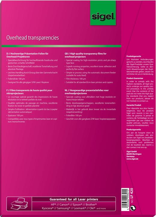 Actual product image Sigel Overhead transparencies (100 g/m², 50 x, A4)