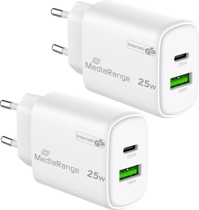 MediaRange Adattatore di ricarica rapida doppio, GaN, 1x USB-C e USB-A, PD e QC, 25 watt, set di 2 (25 W)