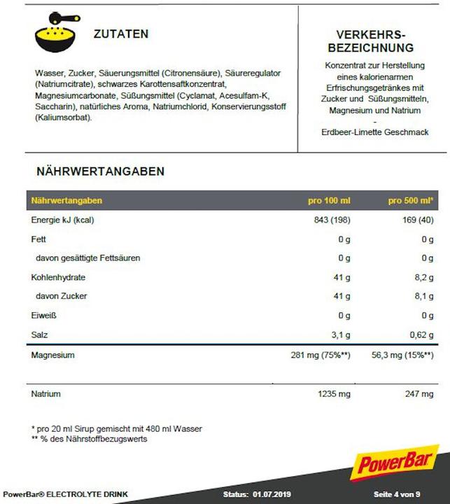 Nährwerte und Zutaten Powerbar Electrolyte Drink (1000ml) (Erdbeere-Limette, 1 x)