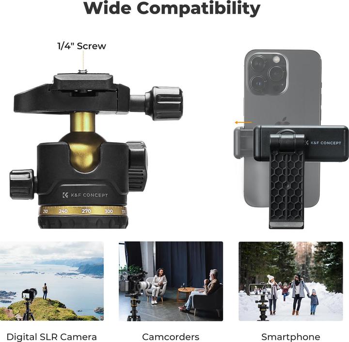 Actual product image K&F Concept K234A3+BH-36L +Phone Clip Magnesium Aluminum Alloy Tripod (Metal)