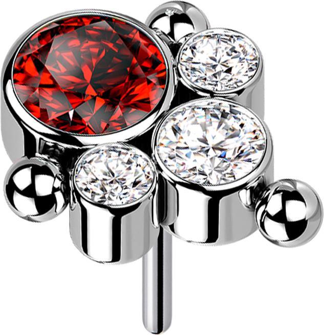 Star Piercing Threadless silber drei Kugeln vier Kristalle silber und rot (Titan G23, ohne Messing)
