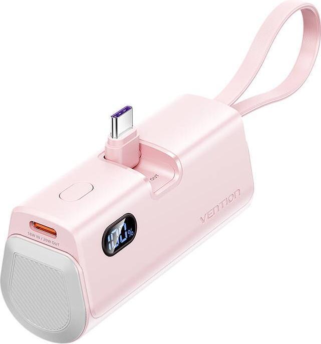 Produktbild Vention LED Display 4800mAh Power Bank (USB-C + Lightning + USB-C) 22.5W Pink Foldable USB-C Type (4800 mAh, 22.50 W, 22.50 Wh)