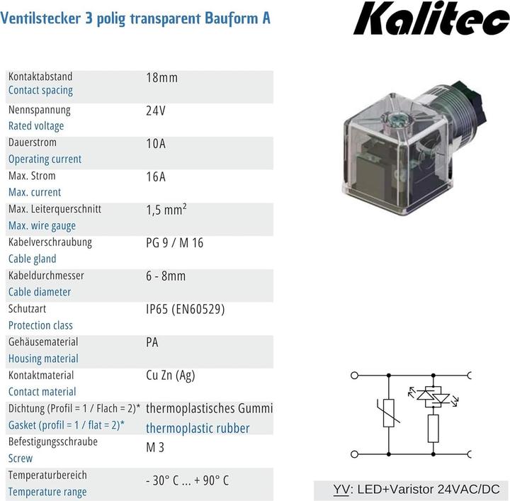 Immagine prodotto Kalitec 3 Stück Ventilstecker Bauform A I 3 polig 24V transparent mit Beschaltung I PG9 I LED + Vari