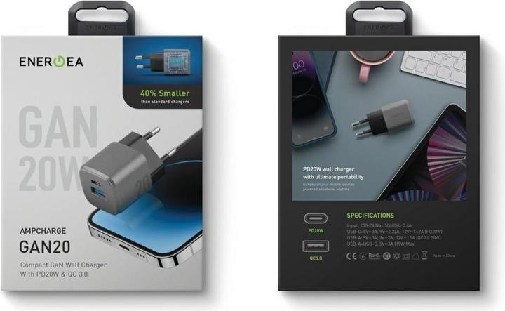 Actual product image Energea Wall Charger Ampcharge GaN20 1C1A PD/QC3.0 20W EU gunmetal (20 W)