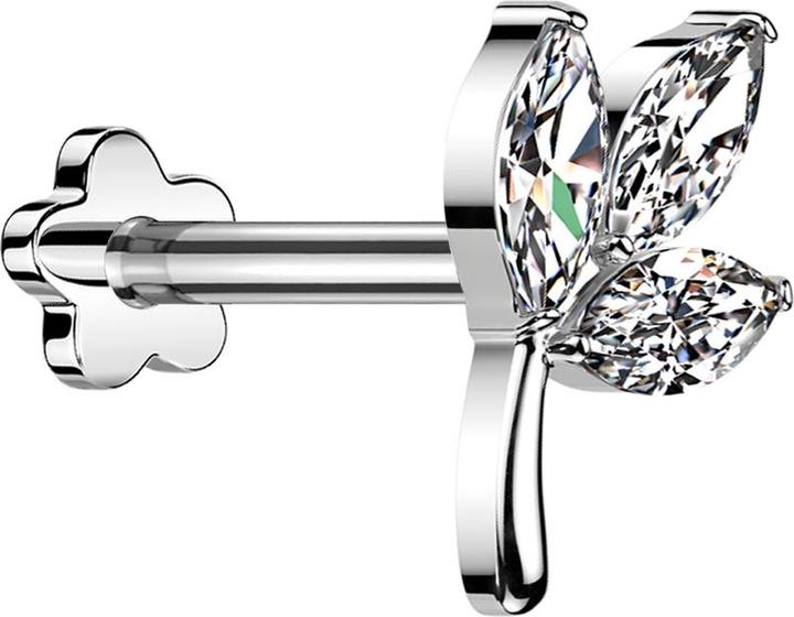 Star Piercing Micro Threadless Labret silber Blatt silber drei Ovale Kristall silber (Titan G23, ohne Messing)