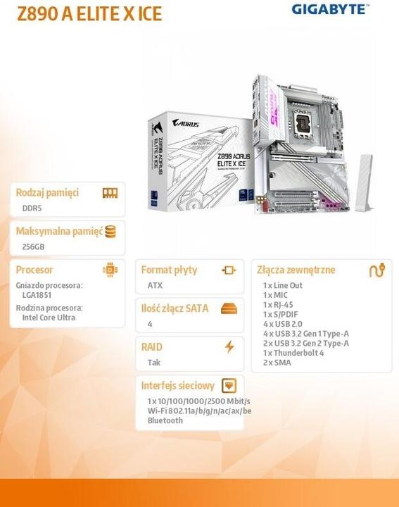 Image du produit Gigabyte Z890 AORUS Elite X ICE (LGA 1851, Intel Z890, ATX)