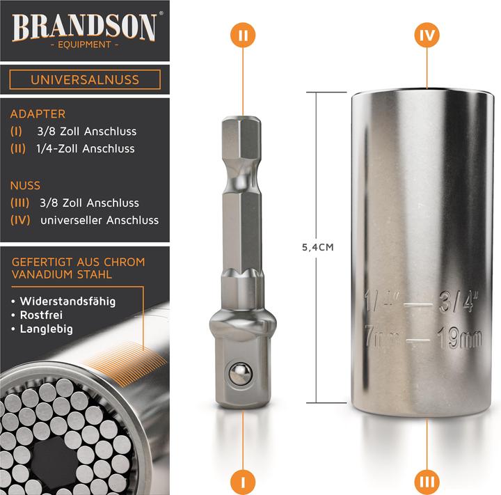 Image du produit Brandson Clé à douille, Clé universelle, Adaptateur de douille multifonctions Bit, Noix universelle 7-19mm +