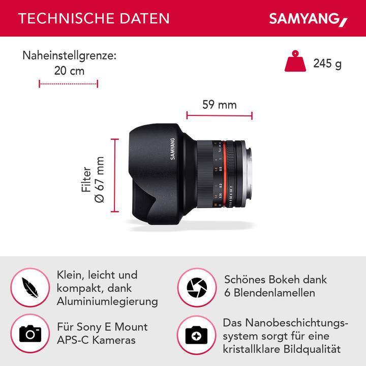 Immagine prodotto Samyang 12mm f/2 NCS CS - Sony E (Sony E, APS-C / DX)