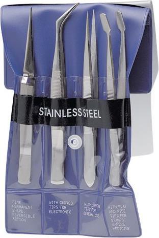 RND Präzisionspinzettenset, 4 Stück, Scharf / Flach / Abgewinkelt / Schmal und spitz, Edelstahl