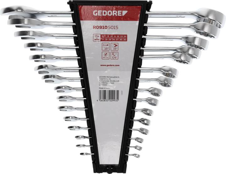 Actual product image Gedore Red red Combination spanner set, 15 pieces, SW 6-32, chrome vanadium steel, silver (19 mm, 29 mm, 8 mm, 21 mm, 28 mm, 31 mm, 12 mm, 18 mm, 14 mm, 10 mm, 26 mm, 30 mm, 27 mm, 20 mm, 9 mm, 25 mm, 16 mm, 15 mm, 32 mm, 22 mm, 17 mm, 11 mm, 24 mm, 23 mm, 13 mm, 7 mm, 6 mm)