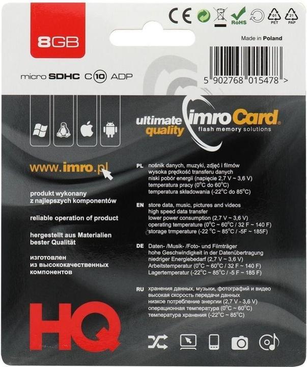 Actual product image IMRO 10/8G ADP Memory Card 8 GB MicroSDHC Class 10 (8 GB, microSDHC, U1, UHS-I)
