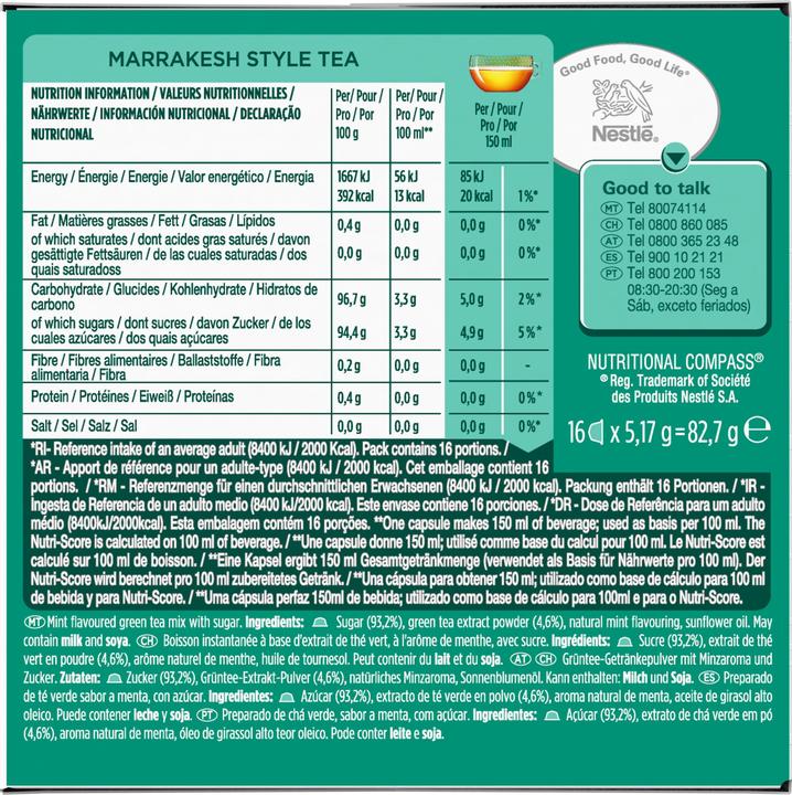 Valori nutrizionali e ingredienti Nescafé Dolce Gusto Marrakesh Style Tea (116 g)