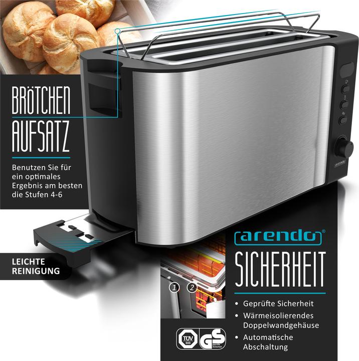 Produktbild Arendo Frühstücks Set, 4 Scheiben Langschlitz Toaster mit Brötchenaufsatz & Eierkocher für 7 Eier, Silber