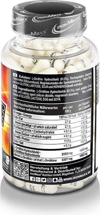 Nutritional values and ingredients IronMaxx Ornithine (130 Piece, Capsules, 111 g)
