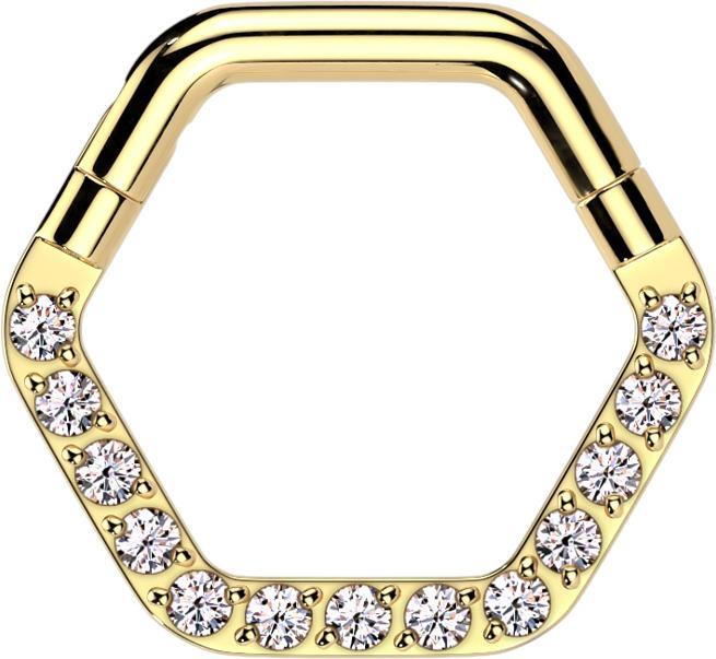 Immagine prodotto Star Piercing Micro Segmentring klappbar vergoldet Hexagon front Kristalle silber (Titanio G23, senza ottone)
