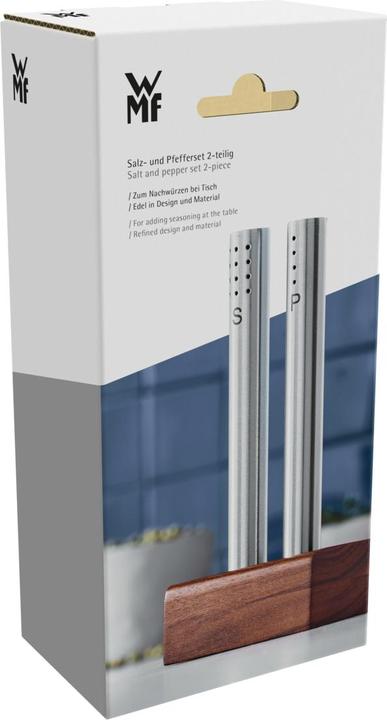 Actual product image WMF Salt shaker and pepper shaker set 3-piece Cromargan stainless steel matt finish with wooden stand (Salt, Pepper)