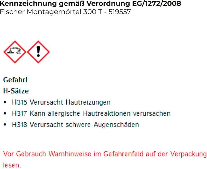 Nutritional values and ingredients Fischer Installation mortar FIS VL (620 g)