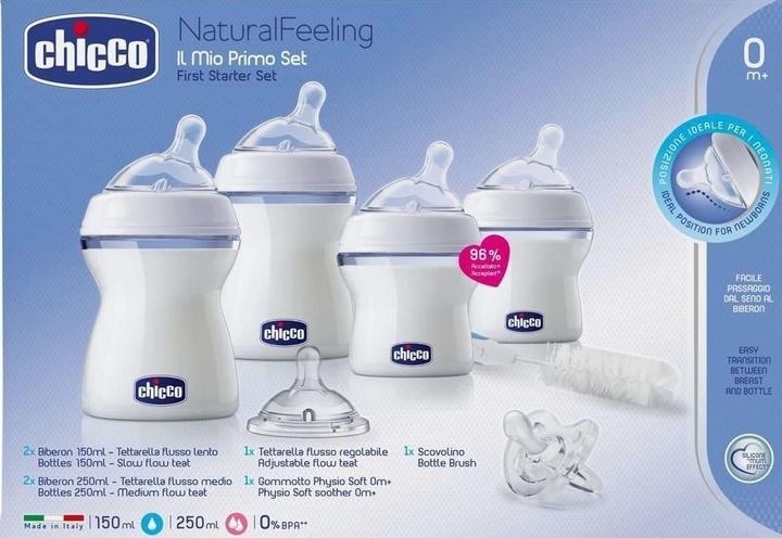 Produktbild Chicco Starter Set NATURAL FEELING 2x150ml 2x250ml 1 Sauger 1 Physioforma Soft 1 Flaschenbürste UNI 0m+ (300 ml)