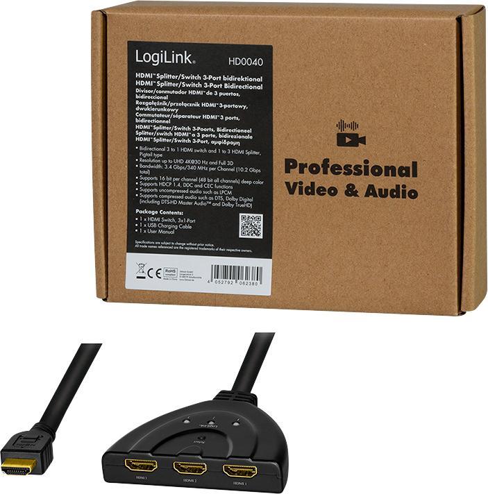 Produktbild LogiLink HD0040 HDMI Splitter 1x3/3x1-Port, 4K/30 Hz, CEC,bidirect, pigtail