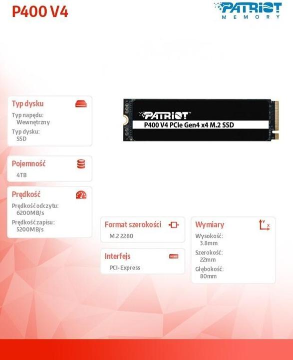 Actual product image Patriot P400 V4 4 TB (PCIe 4.0 x4, NVMe 2.0, M.2 2280) (4000 GB, M.2 2280)