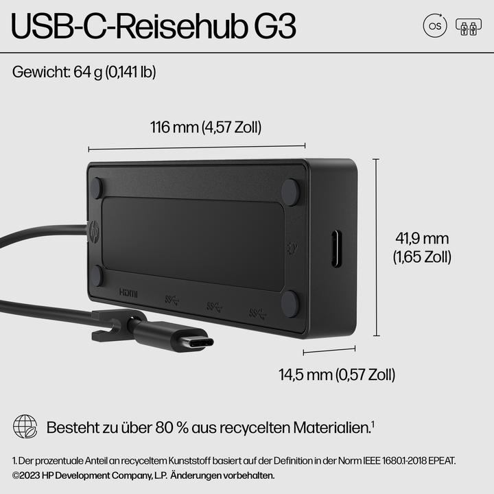 Actual product image HP USB-C Travel Hub G3 EMEA-INTL English (USB-C, 5 Ports)