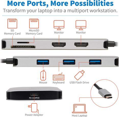 Produktbild Eaton USB-C Dock Dual Display - 4K 60Hz HDMI USB 3.2 Gen 1 USB-A Hub Memory Card 100W PD C (USB-C, 2 Ports)