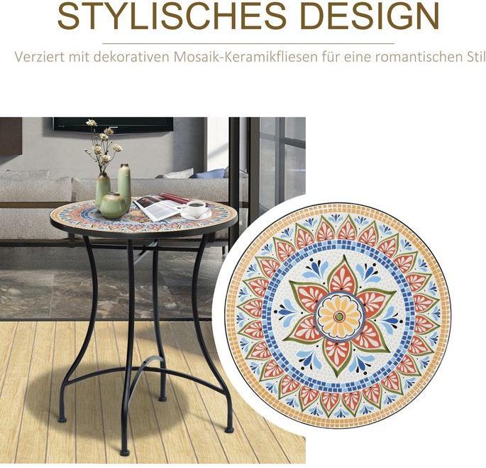 Produktbild Swisshandel24 Gartentisch Mosaiktisch rund Bistrotisch Beistelltisch mit Mosaikplatte Keramik Metall Rot+Blau+Weis