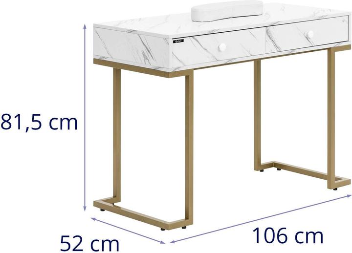 Image du produit Physa Table de manucure - Cadre en fer - Marbré / Doré - 2 tiroirs - Tablette pour les mains