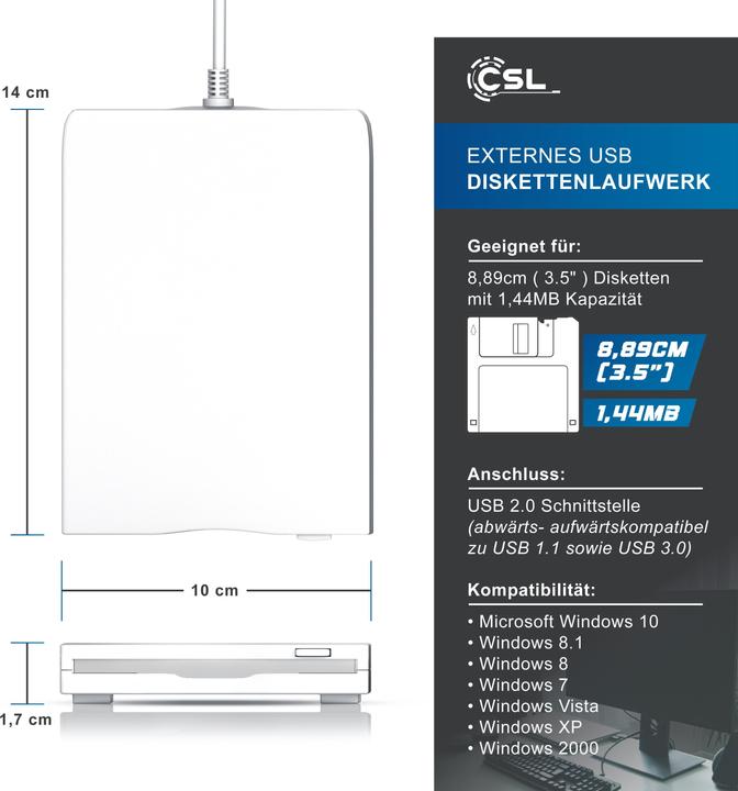 Image du produit CSL Lecteur de disquette USB externe, lecteur de disquette USB FDD 1,44MB (3,5) pour PC & MAC, blanc (lecteur de disquettes)