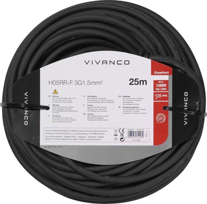 Actual product image Vivanco Outdoor extension cable 25m, Schuko plug - Black (25 m, CEE 7/3)