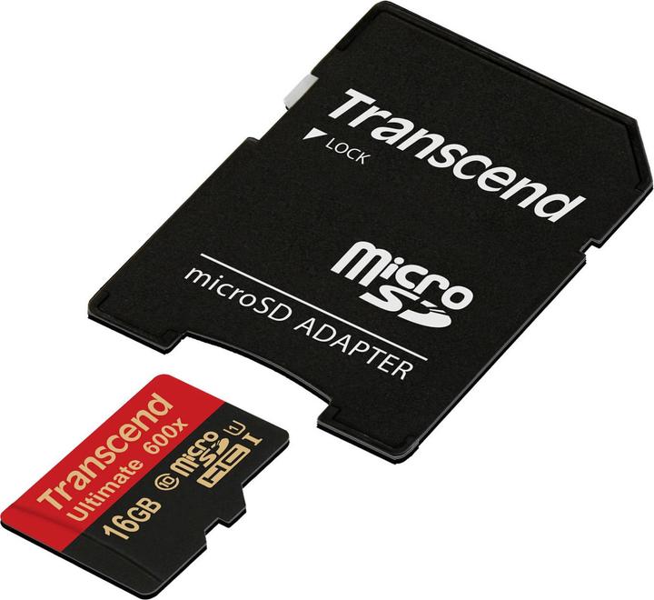 Actual product image Transcend microSDHC Ultimate 600x with adapter (16 GB, microSDHC, U1, UHS-I)