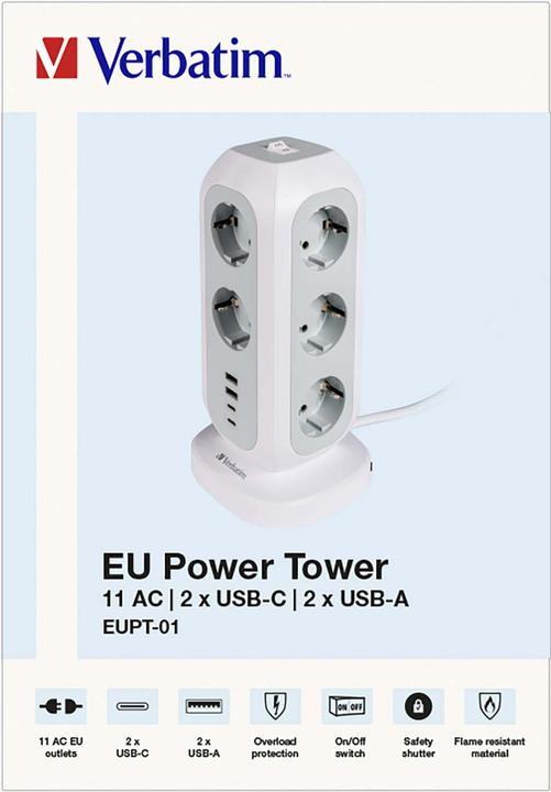 Actual product image Verbatim EU Power Tower 11 (11 x, USB-A, USB-C, CEE 7/4, 2 m)