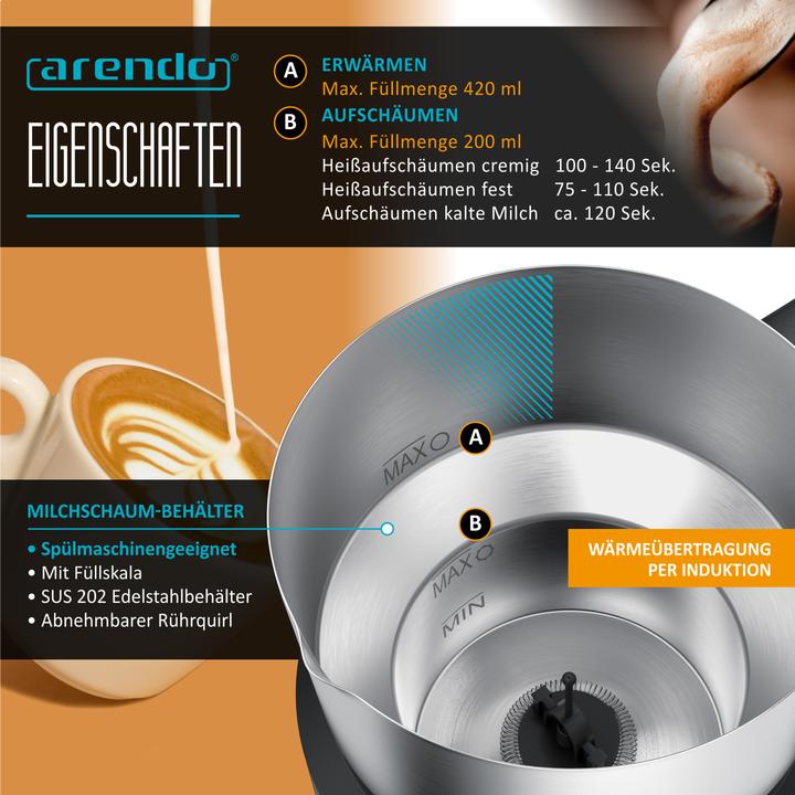 Produktbild Arendo Milchaufschäumer 4in1 Induktion, warm & kalt Schaum, 400ml, Edelstahl, 50 W, spülmaschinengeeignet (42 cl)